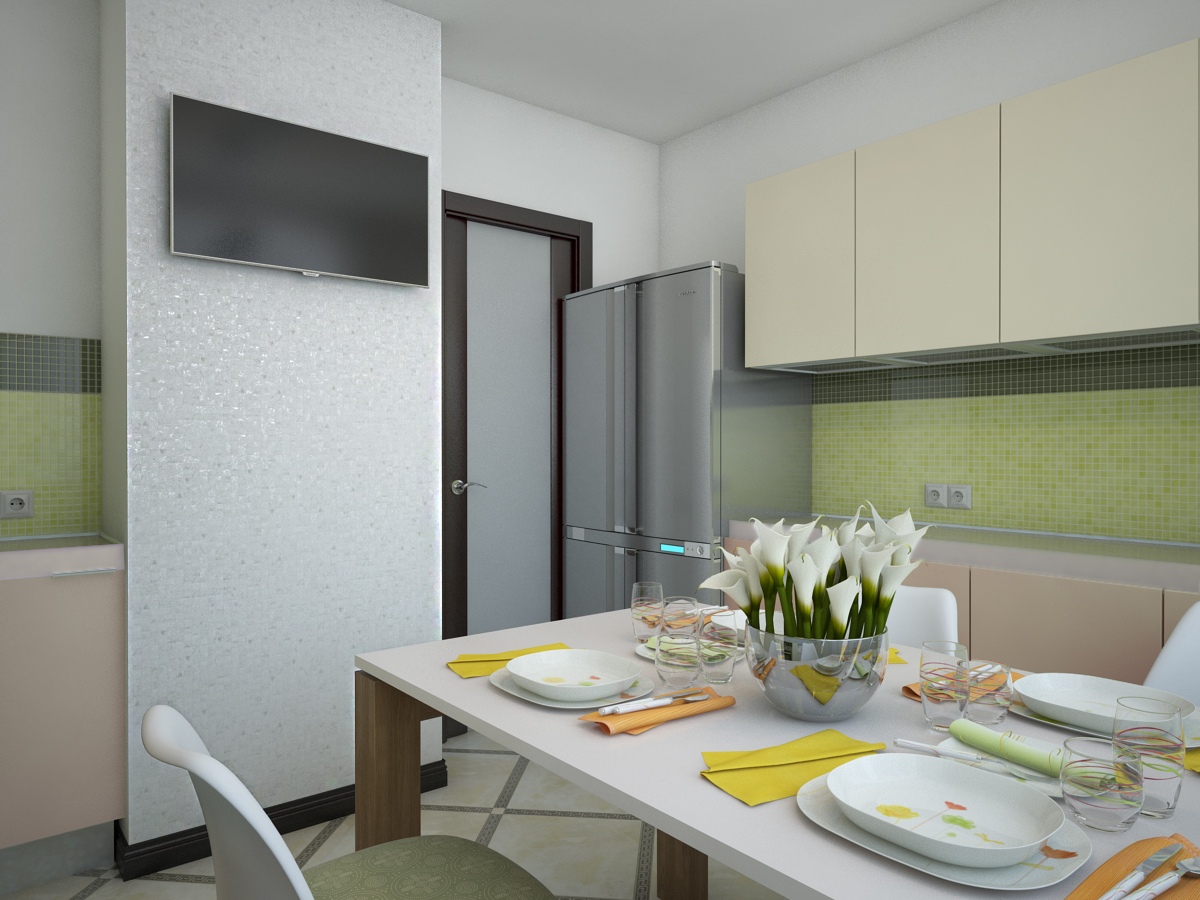 кухня с зелено-белой мозаикой 